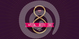 8 March - International women's day greeting card. Realistic golden metal number eight  ruby heart and ribbon